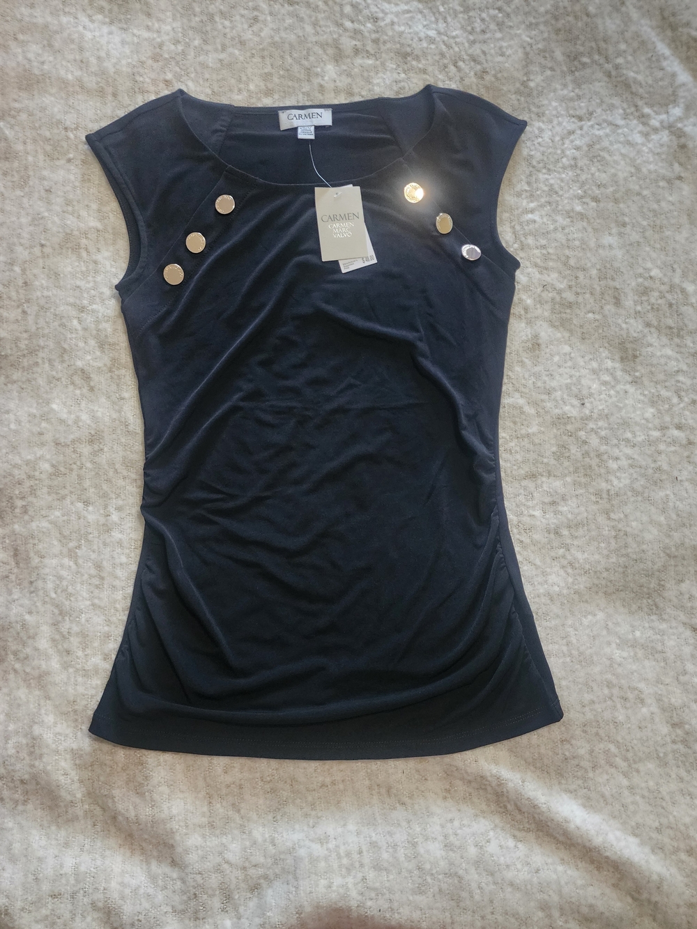 Carmen Marc Valvo Black Tank Top with Gold Button Accents - Picture 1 of 4